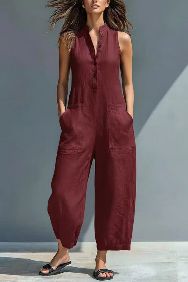 🏆🍬LAST DAY SAVE 49% ⏰Women's Minimalist Linen Blend Button-up Stand-collar Sleeveless Loose Jumpsuit