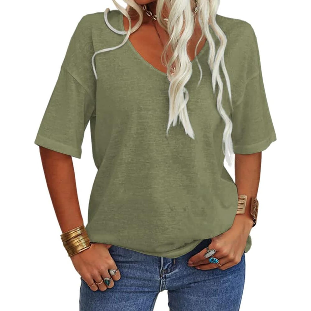 📦📦LAST DAY SAVE 49% ⏰Women's Soft Solid Color Vneck Tshirt Cotton Half Sleeve Half Sleeve Casual Loose