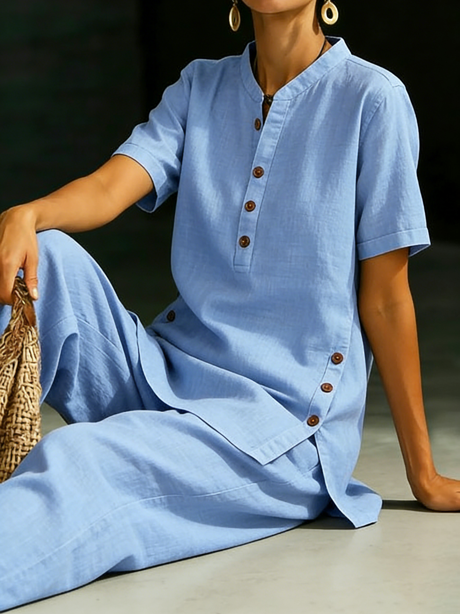 🏆🍬LAST DAY SAVE 49% ⏰Cozy Casual Button Shirt And Wide-leg Pants Linen Two-piece Set