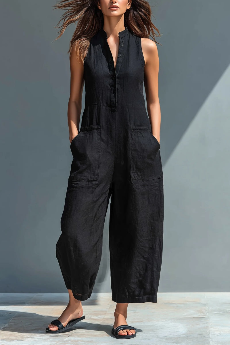 🏆🍬LAST DAY SAVE 49% ⏰Women's Minimalist Linen Blend Button-up Stand-collar Sleeveless Loose Jumpsuit