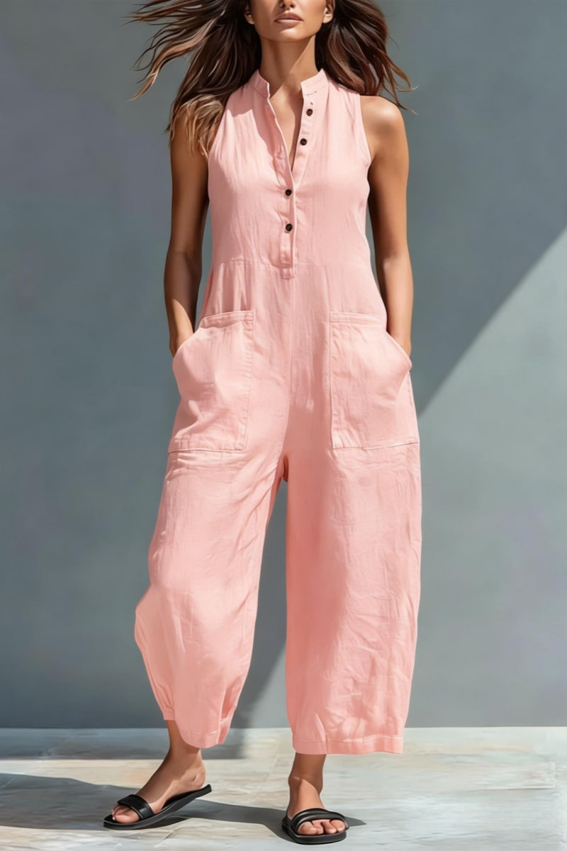 🏆🍬LAST DAY SAVE 49% ⏰Women's Minimalist Linen Blend Button-up Stand-collar Sleeveless Loose Jumpsuit