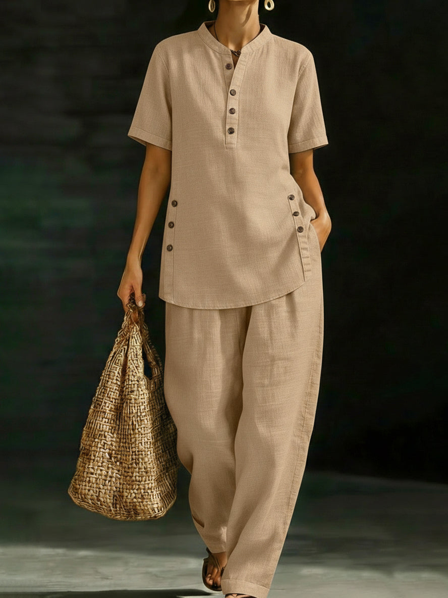 🏆🍬LAST DAY SAVE 49% ⏰Cozy Casual Button Shirt And Wide-leg Pants Linen Two-piece Set