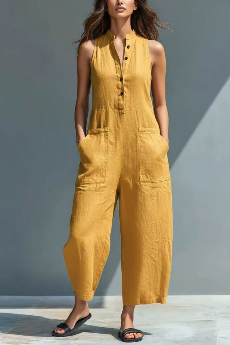 🏆🍬LAST DAY SAVE 49% ⏰Women's Minimalist Linen Blend Button-up Stand-collar Sleeveless Loose Jumpsuit