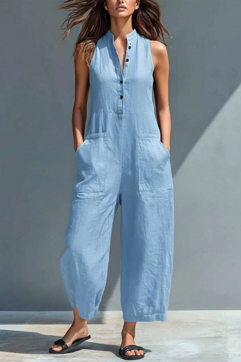 🏆🍬LAST DAY SAVE 49% ⏰Women's Minimalist Linen Blend Button-up Stand-collar Sleeveless Loose Jumpsuit