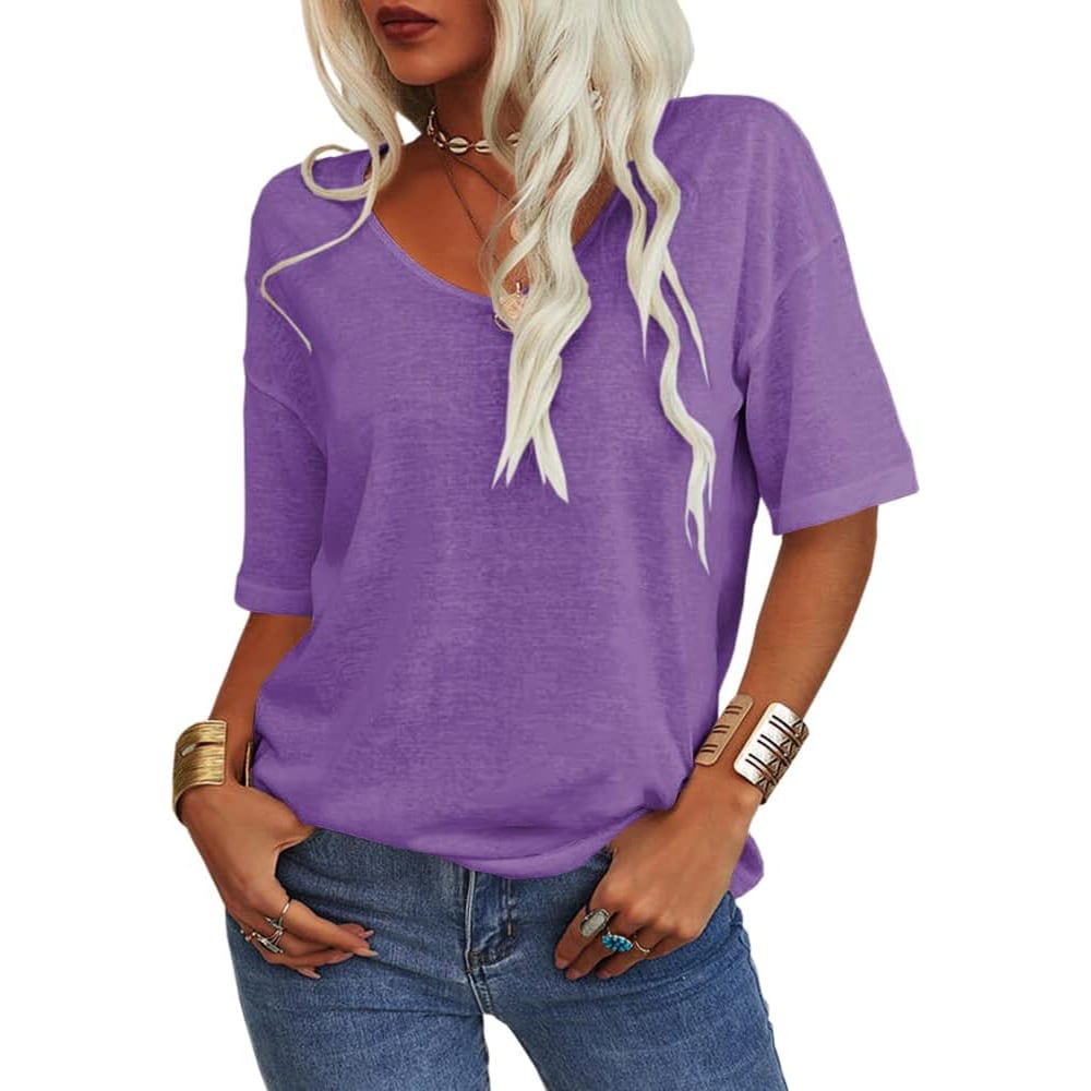 📦📦LAST DAY SAVE 49% ⏰Women's Soft Solid Color Vneck Tshirt Cotton Half Sleeve Half Sleeve Casual Loose