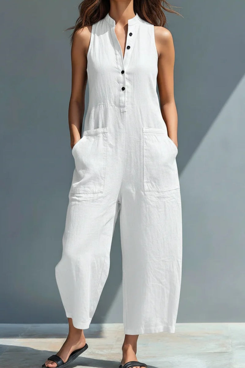 🏆🍬LAST DAY SAVE 49% ⏰Women's Minimalist Linen Blend Button-up Stand-collar Sleeveless Loose Jumpsuit