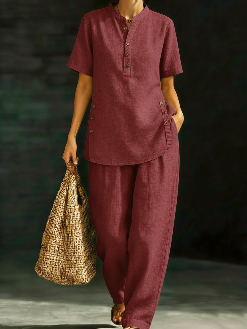 🏆🍬LAST DAY SAVE 49% ⏰Cozy Casual Button Shirt And Wide-leg Pants Linen Two-piece Set