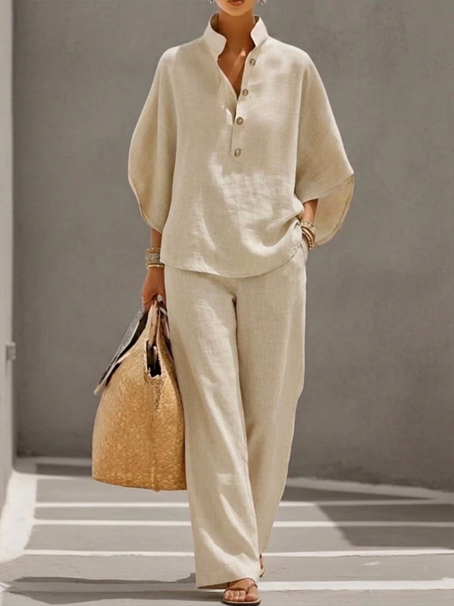 🏆🍬LAST DAY SAVE 49% 🎁Women’s Batwing Sleeve Linen Cotton Two-Piece Set – Casual Shirt & Wide Leg Pants Outfit
