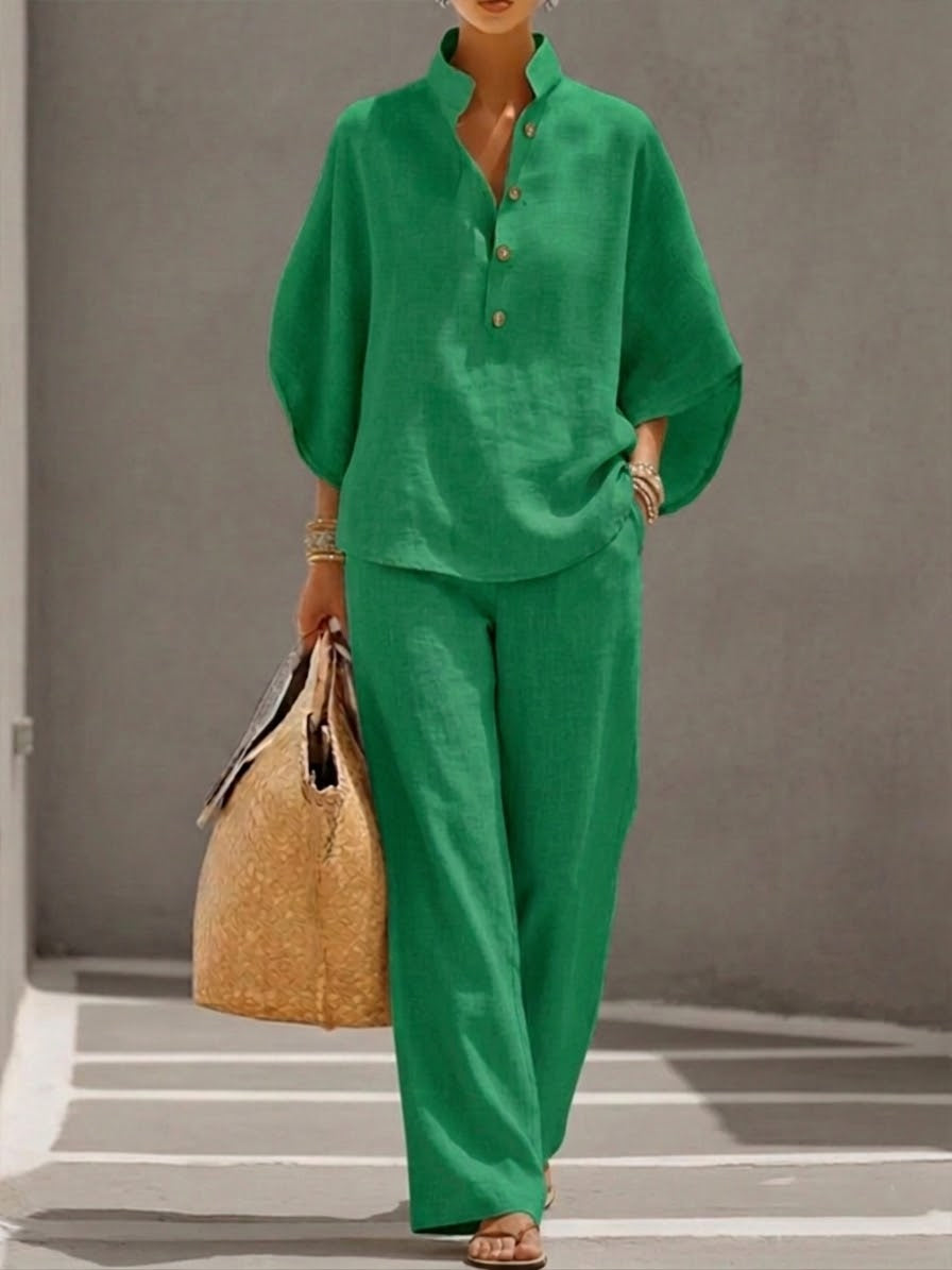 🏆🍬LAST DAY SAVE 49% 🎁Women’s Batwing Sleeve Linen Cotton Two-Piece Set – Casual Shirt & Wide Leg Pants Outfit