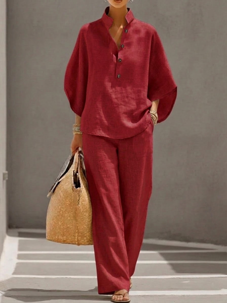 🏆🍬LAST DAY SAVE 49% 🎁Women’s Batwing Sleeve Linen Cotton Two-Piece Set – Casual Shirt & Wide Leg Pants Outfit