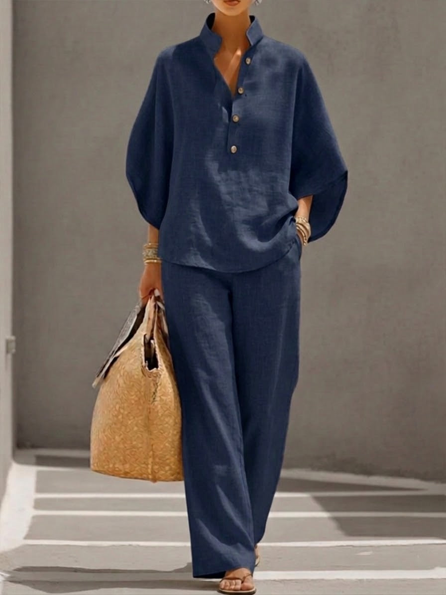 🏆🍬LAST DAY SAVE 49% 🎁Women’s Batwing Sleeve Linen Cotton Two-Piece Set – Casual Shirt & Wide Leg Pants Outfit