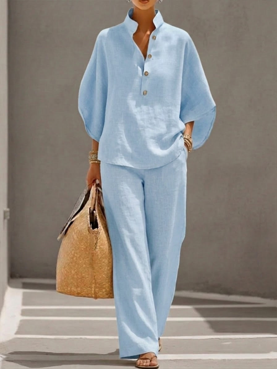 🏆🍬LAST DAY SAVE 49% 🎁Women’s Batwing Sleeve Linen Cotton Two-Piece Set – Casual Shirt & Wide Leg Pants Outfit