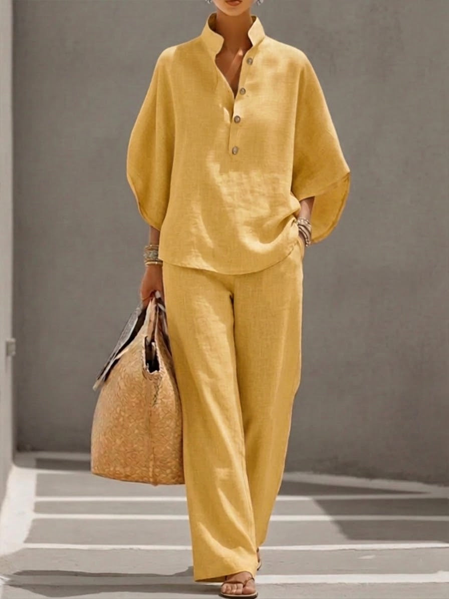 🏆🍬LAST DAY SAVE 49% 🎁Women’s Batwing Sleeve Linen Cotton Two-Piece Set – Casual Shirt & Wide Leg Pants Outfit